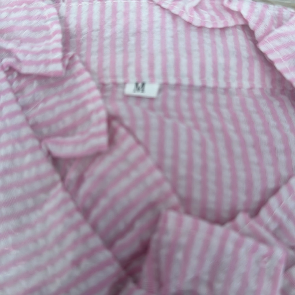 🔵 Pink & White Striped, Long Sleeve, Ruffle Trim, Buttoned Blouse - Picture 8 of 15